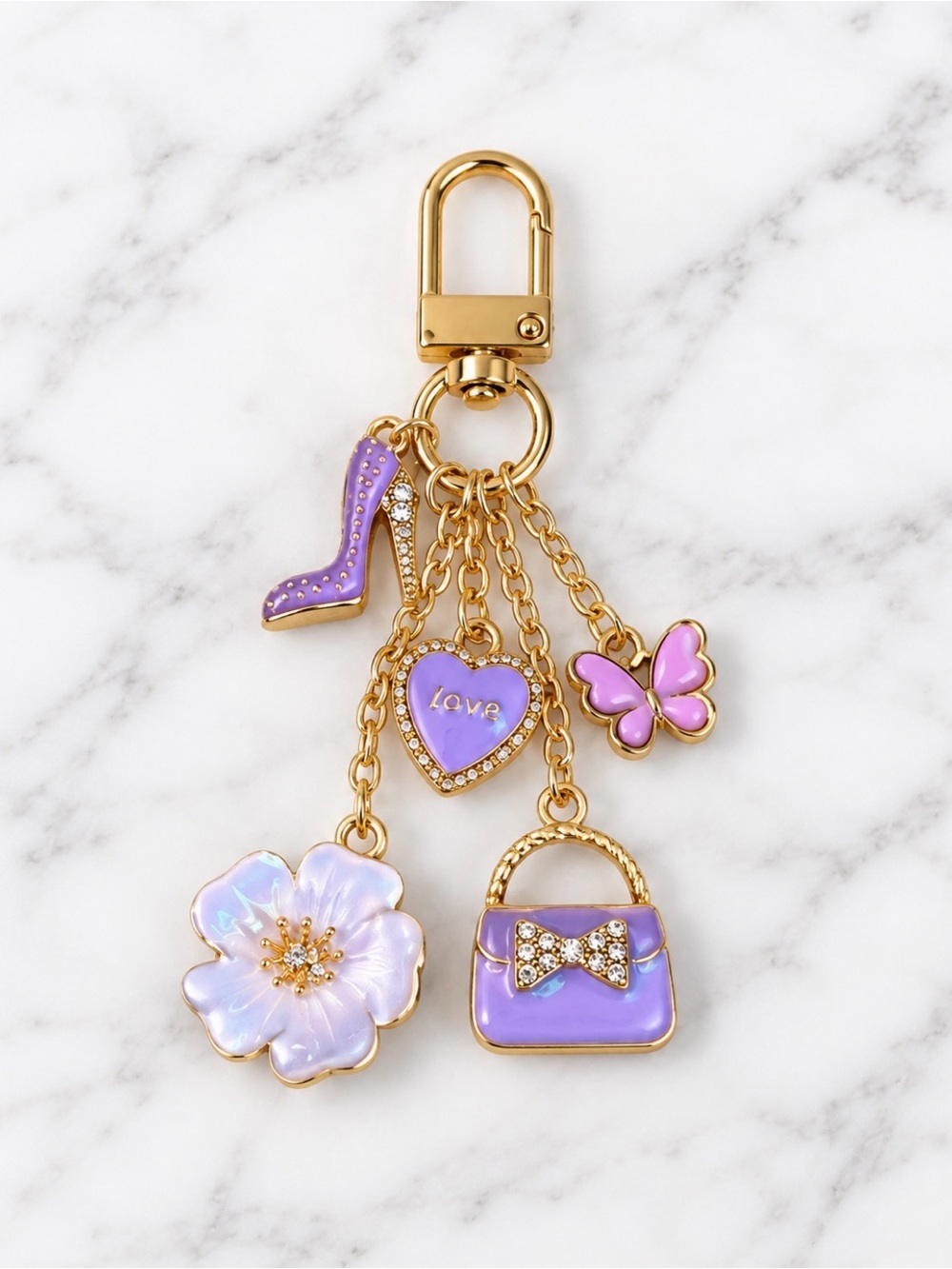 Bag Charm/Keyring-Purple Enamel floral bag charm-Gold Hardware